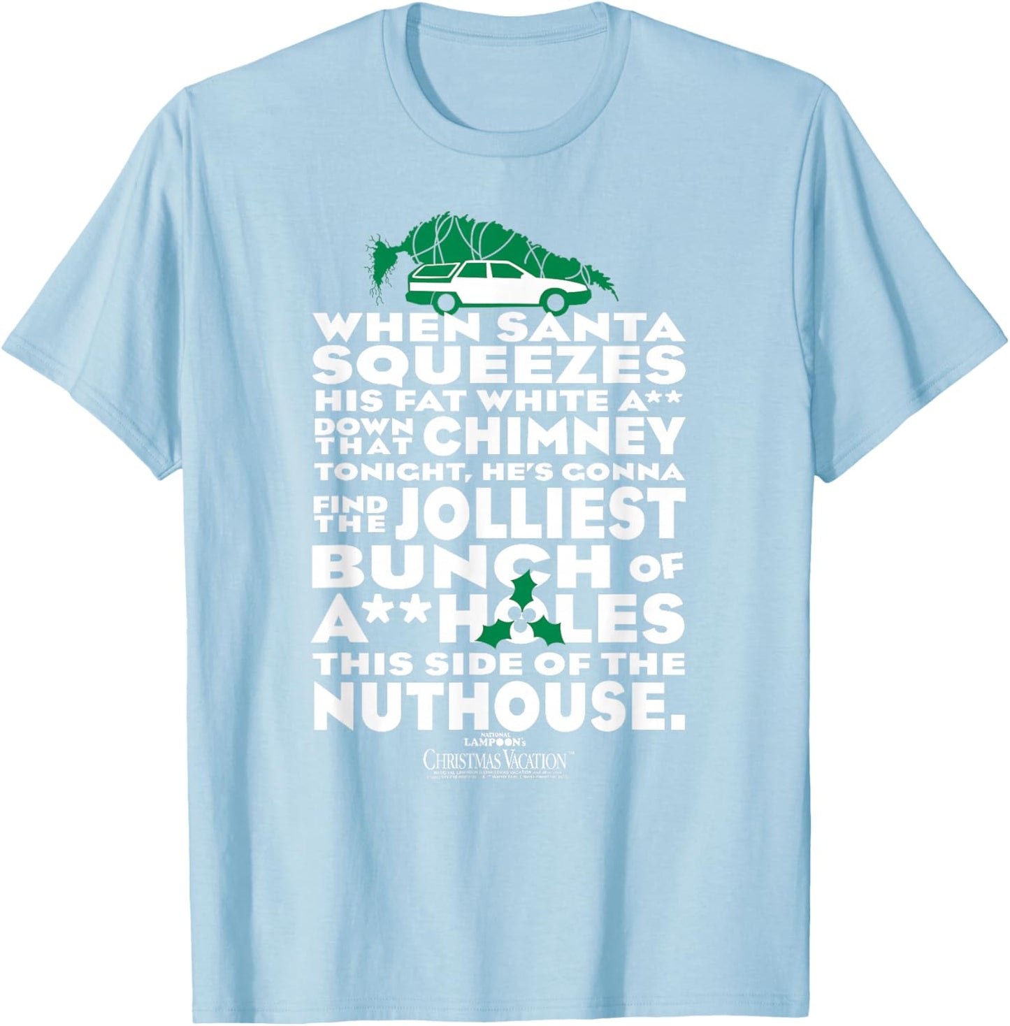 Warner Bros. Christmas Vacation Jolliest Bunch - Women's Small Red Short Sleeve Cotton Polyester T-Shirt - T-Shirt | Light Blue