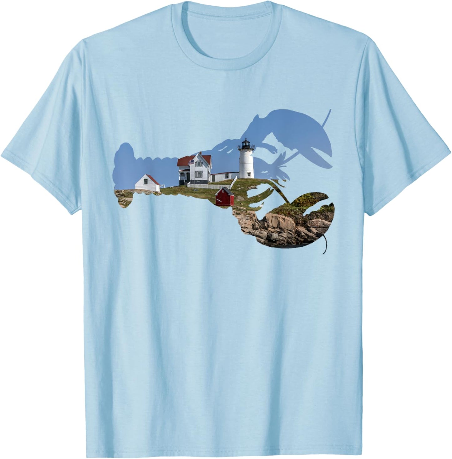 Nubble Lighthouse York ME Lobster Silhouette , Small, Blue T-Shirt - T-Shirt | Light Blue