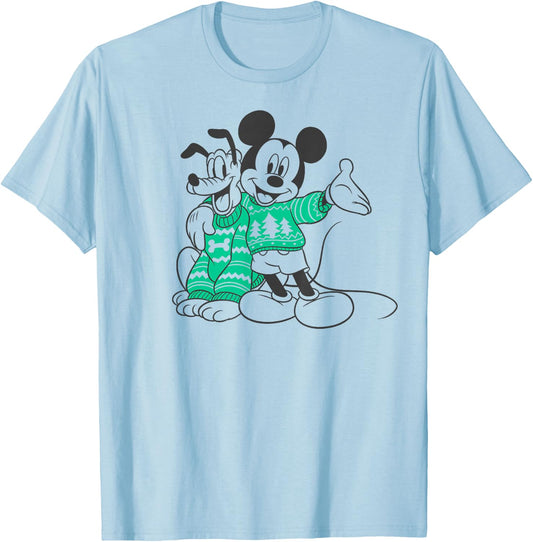 Disney Mickey And Pluto Christmas Outline T-Shirt - T-Shirt | Light Blue