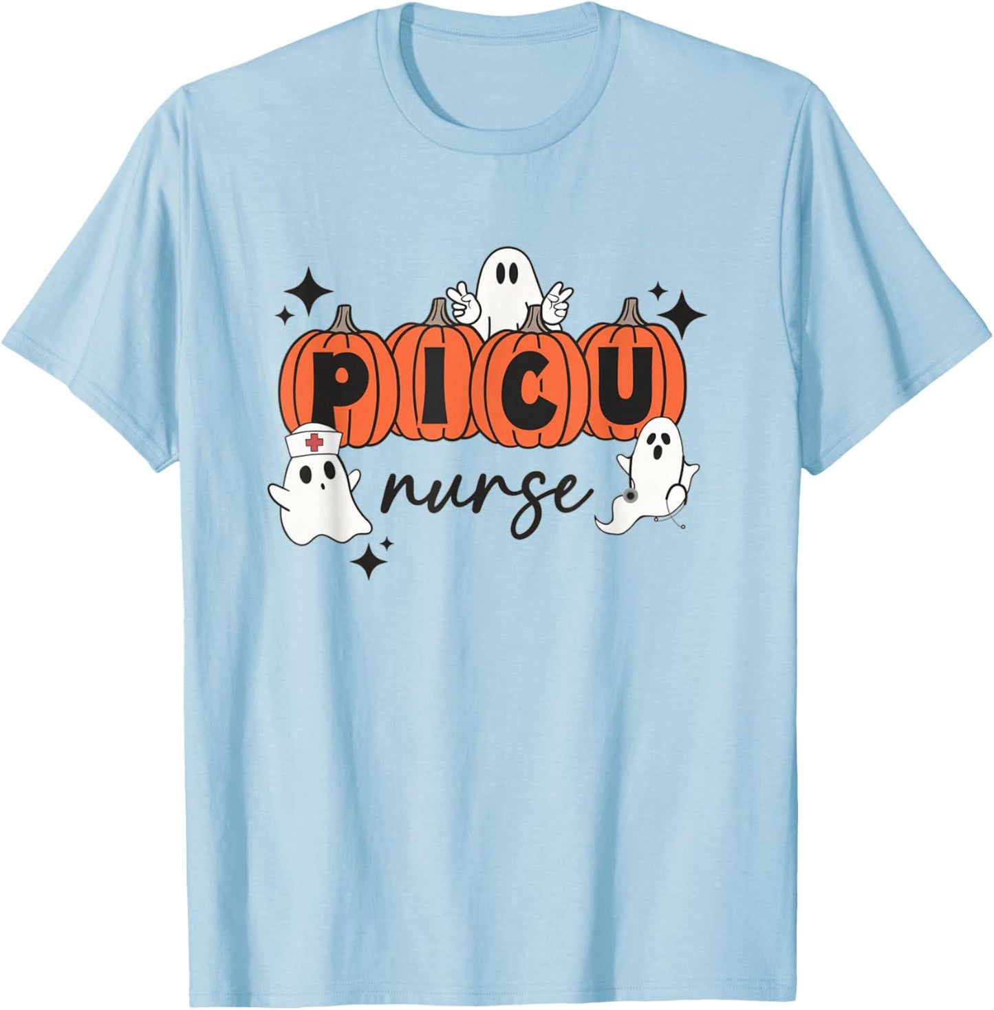 Cute Ghosts PICU Nurse Halloween Pumpkins Pediatric ICU T-Shirt - T-Shirt | Light Blue