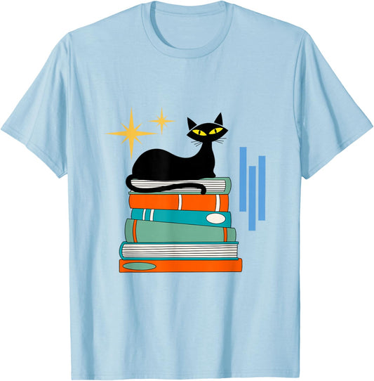 Cat and Books Retro Midcentury Mid Century Aesthetic T-Shirt - T-Shirt | Light Blue