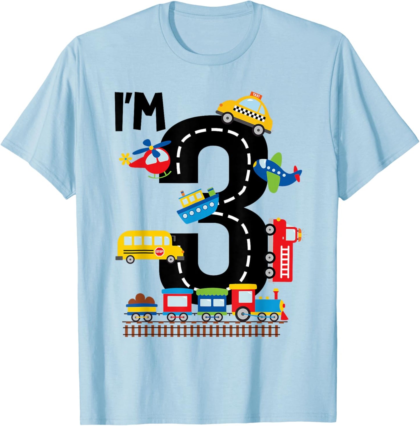 I'm 3 Years Old Birthday Boys Kids Transportation Vehicles T-Shirt - T-Shirt | Light Blue