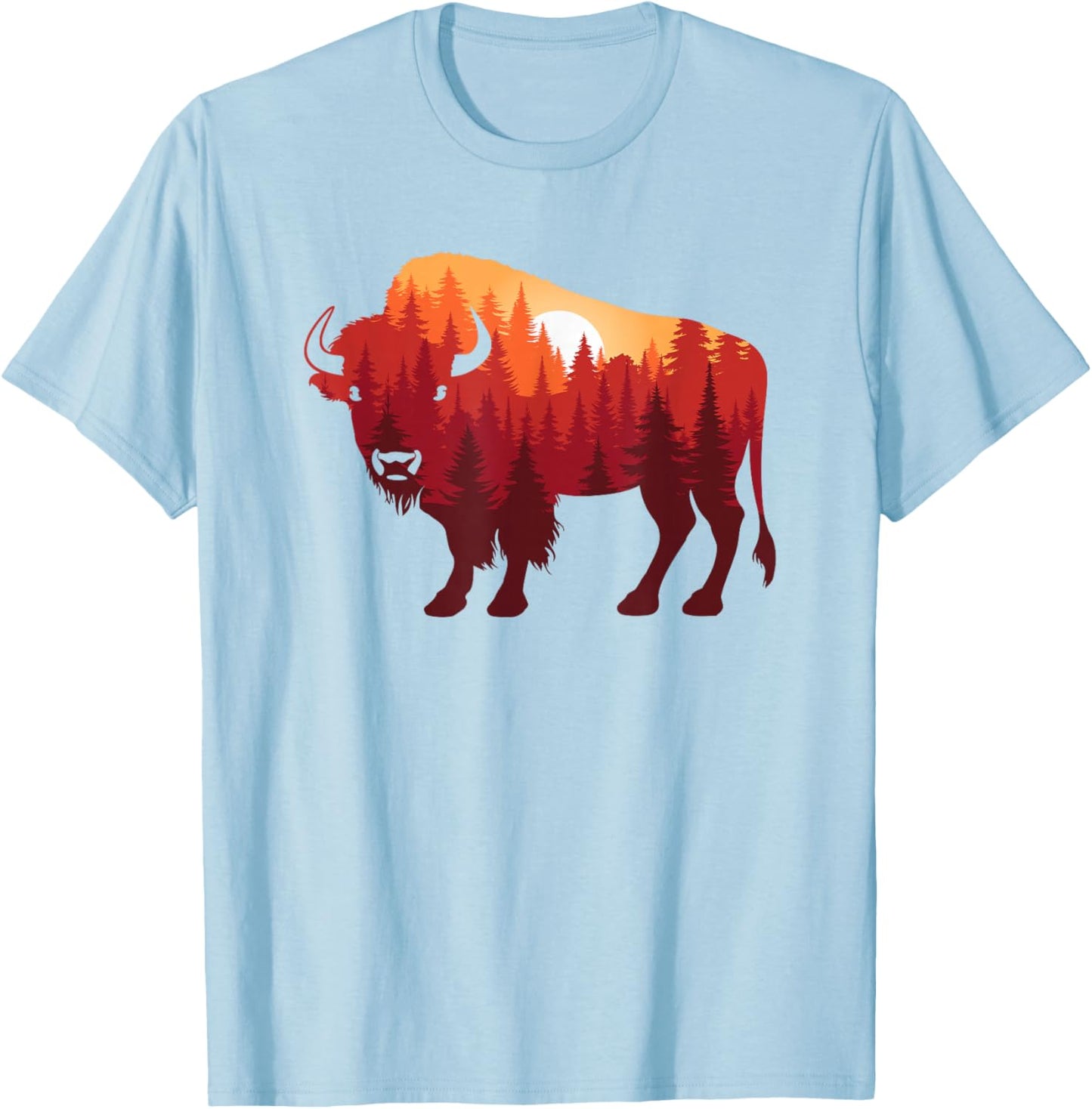 Buffalo Landscape Pine Tree Nature Bison Men Women T-Shirt - T-Shirt | Light Blue