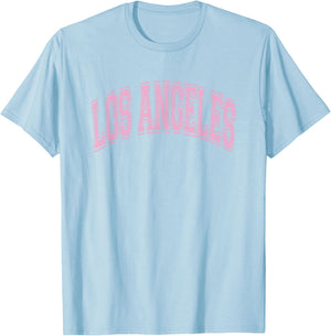 Los Angeles Arched Style Text White with Pink Print T-Shirt - T-Shirt | Light Blue