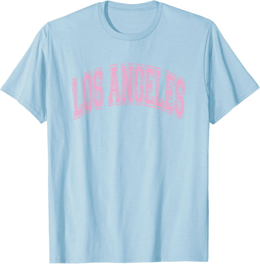 Los Angeles Arched Style Text White with Pink Print T-Shirt - T-Shirt | Light Blue