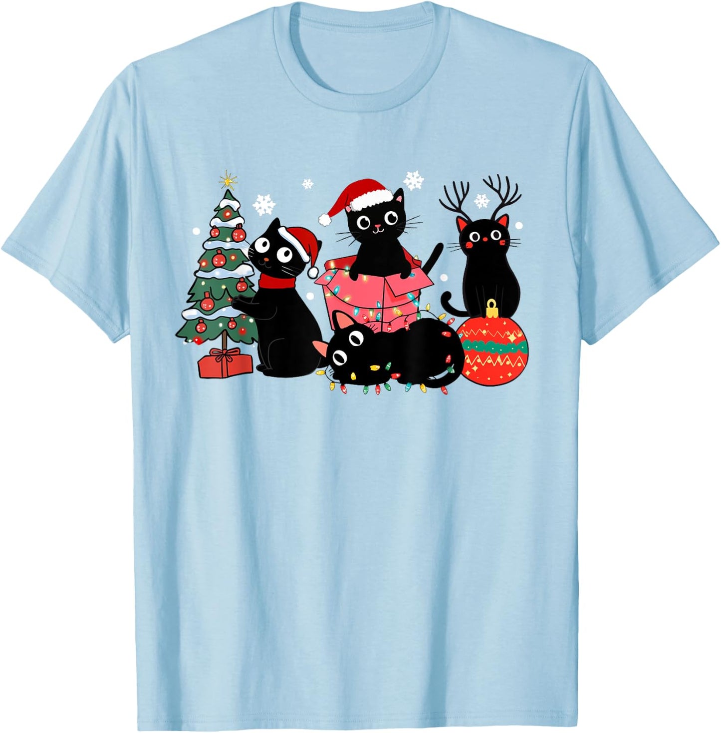 Meowy Christmas Black Cats Play Christmas Tree Lights Cats T-Shirt - T-Shirt | Light Blue