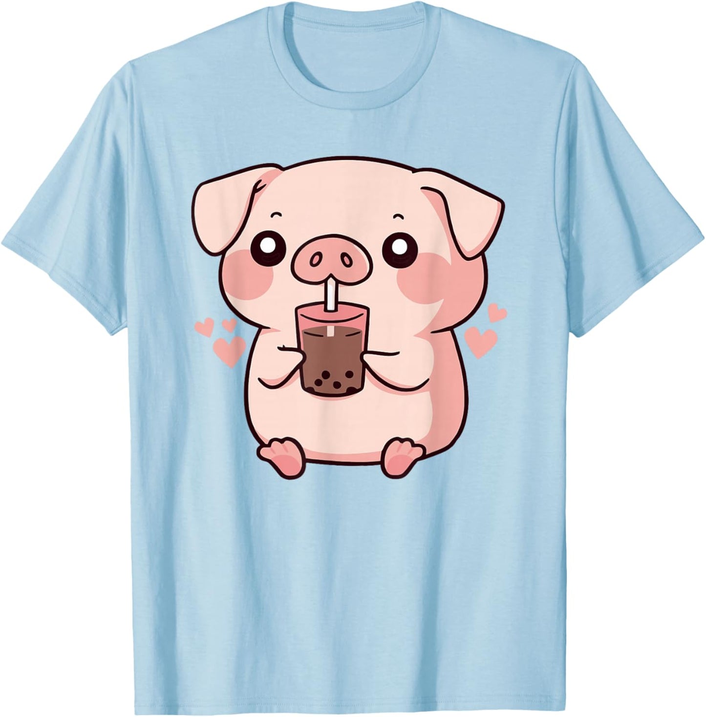 Cute Kawaii Cartoon Pig Drinking Bubble Tea T-Shirt - T-Shirt | Light Blue