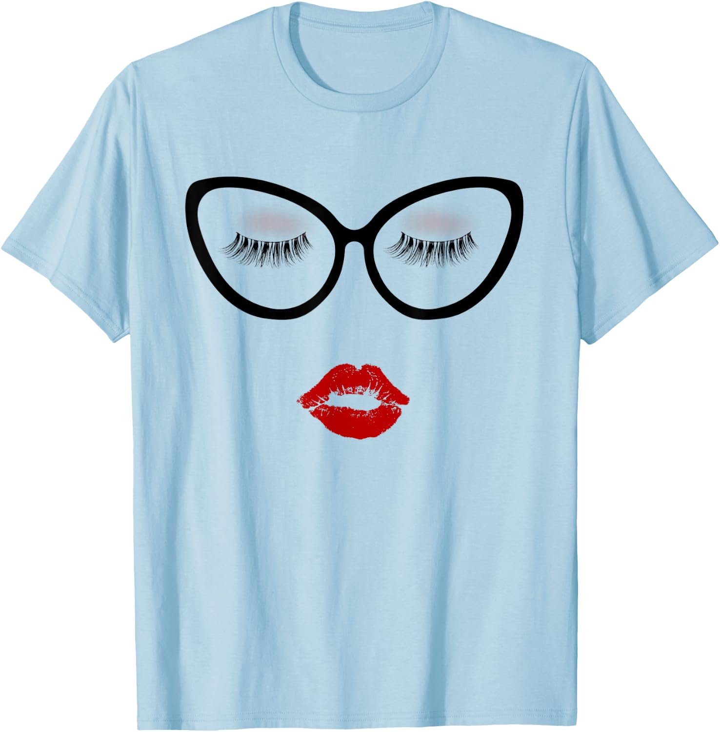 Ladies Eyelashes Black Glasses Red Pouty Full Lips Eyeshadow T-Shirt - T-Shirt | Light Blue