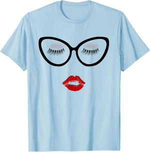 Ladies Eyelashes Black Glasses Red Pouty Full Lips Eyeshadow T-Shirt - T-Shirt | Light Blue