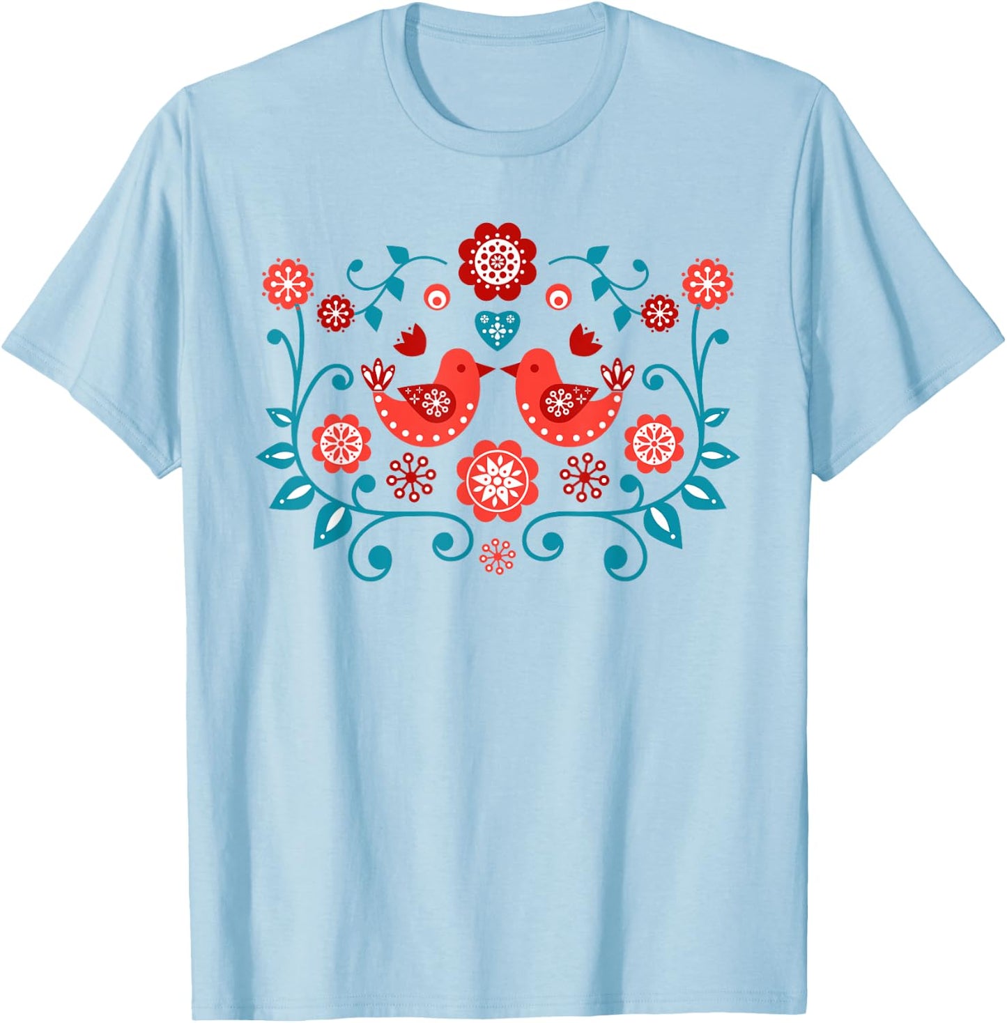Scandinavian Folk Art Bird Pattern Shirt T-Shirt - T-Shirt | Light Blue