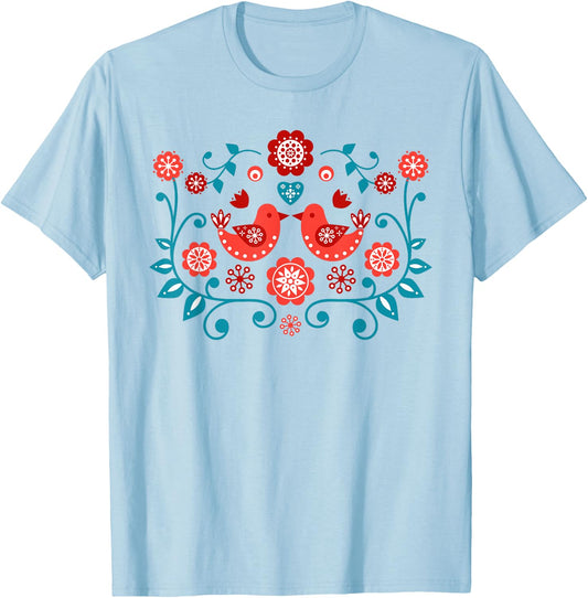 Scandinavian Folk Art Bird Pattern Shirt T-Shirt - T-Shirt | Light Blue