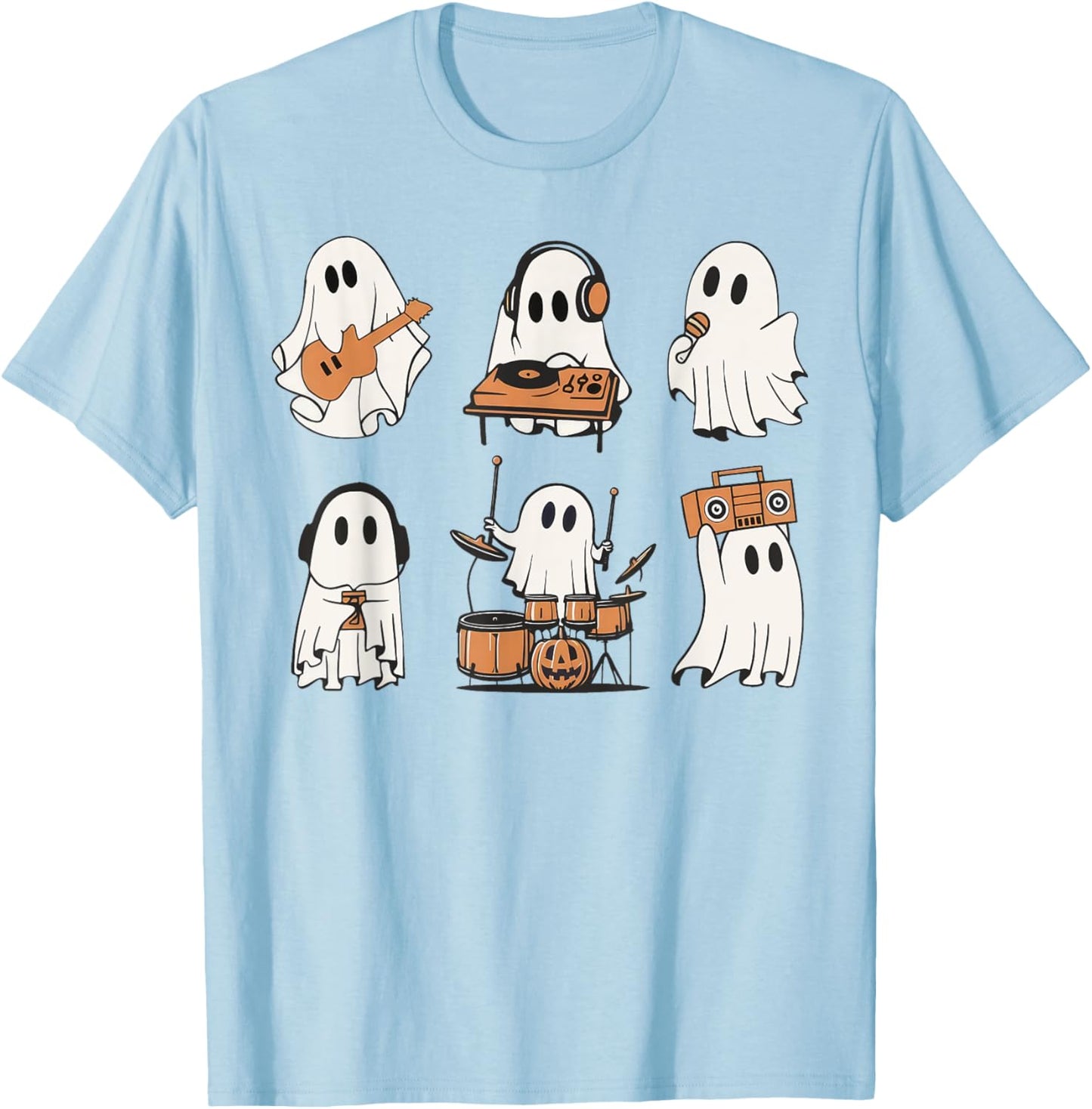Ghost Love Music Ghost Playing Guitar Drum Halloween Costume T-Shirt - T-Shirt | Light Blue