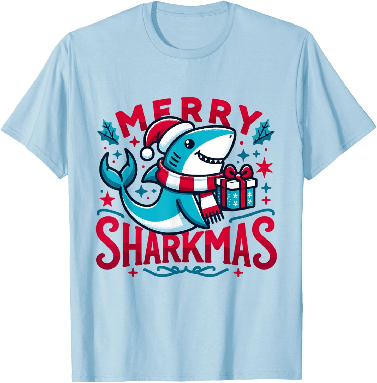 Merry Sharkmas Cute Shark Christmas Pajamas Boys Girl Winte T-Shirt - T-Shirt | Light Blue