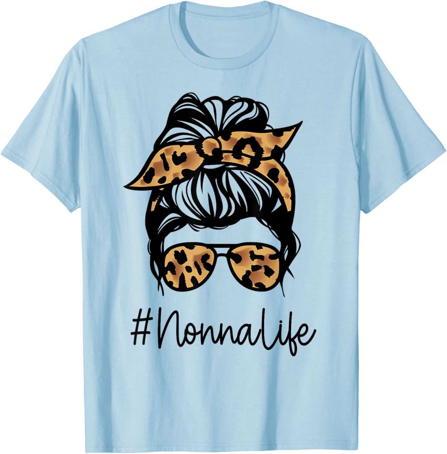 NONNA Leopard Messy Bun Mother's Day for Grandmothers T-Shirt - T-Shirt | Light Blue