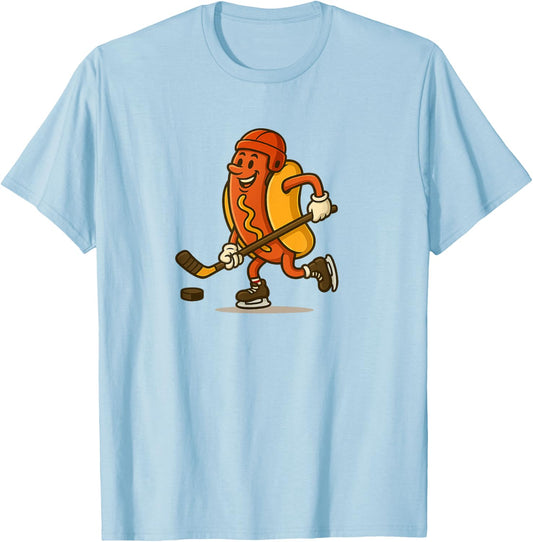 Funny Hot Dog Hockey Player Cartoon Mascot Art T-Shirt - T-Shirt | Light Blue