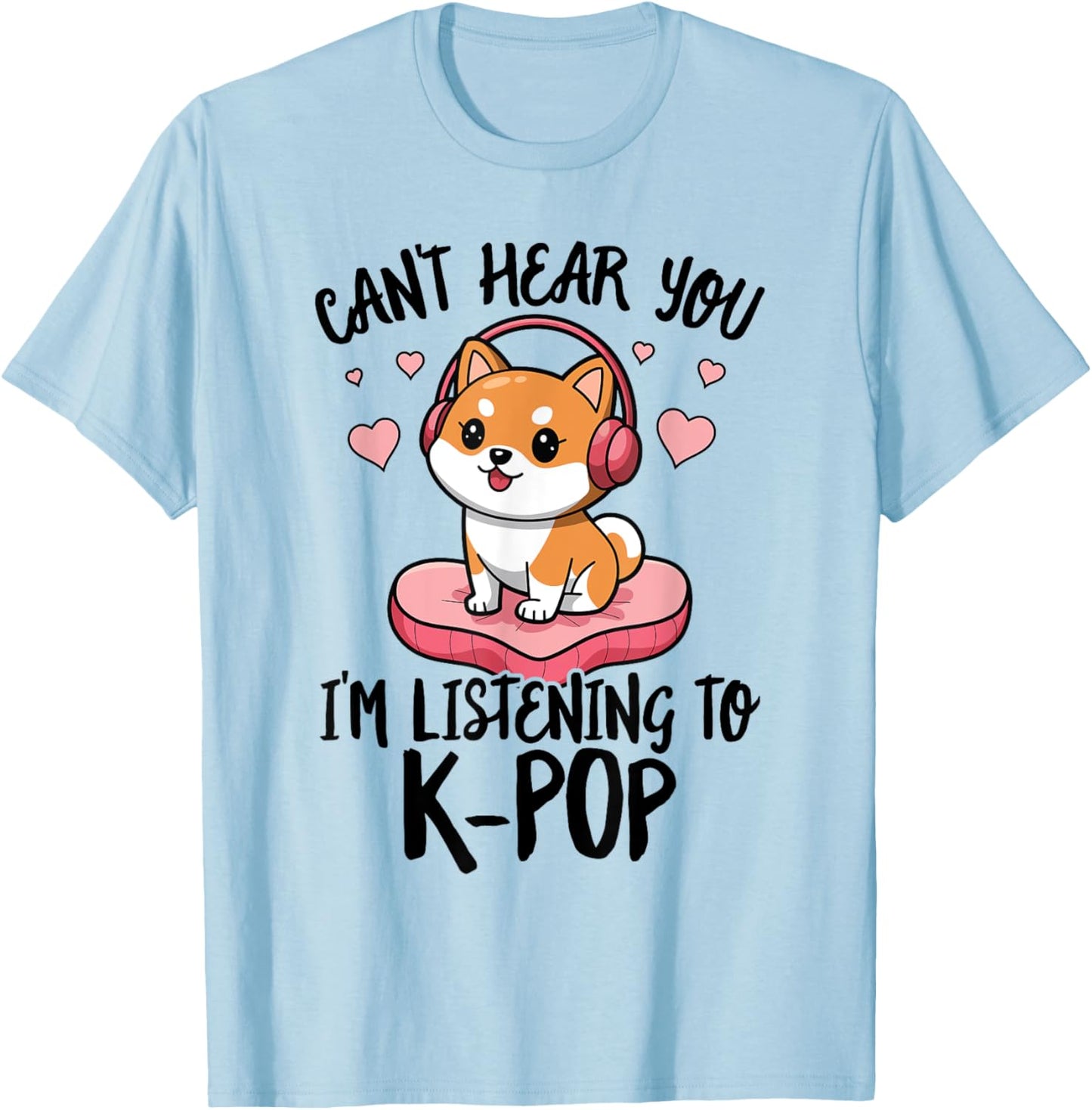 Cute Shiba Inu Dog Headphones K-Pop Music Lover Heart Kawaii T-Shirt - T-Shirt | Light Blue