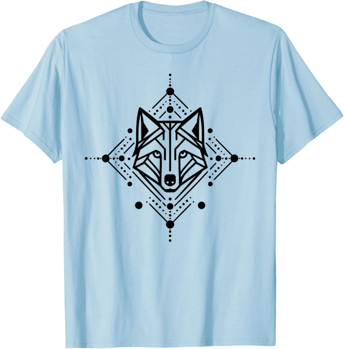 Minimal Line and Shape Black Design of A Wolf Geometric T-Shirt - T-Shirt | Light Blue