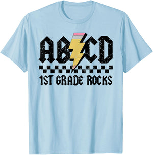 1st Grade Rock and Roll Letters ABCD Alphabet Back To School T-Shirt - T-Shirt | Light Blue