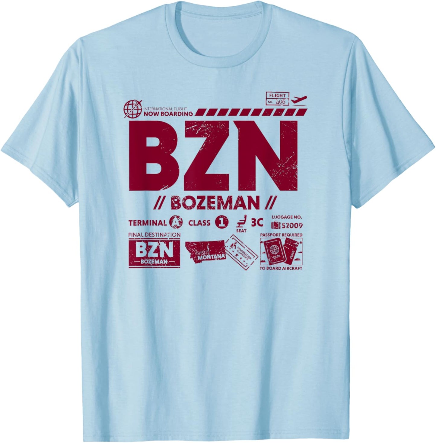 Vintage Bozeman BZN Airport Code Travel Day Retro Tag MT T-Shirt - T-Shirt | Light Blue