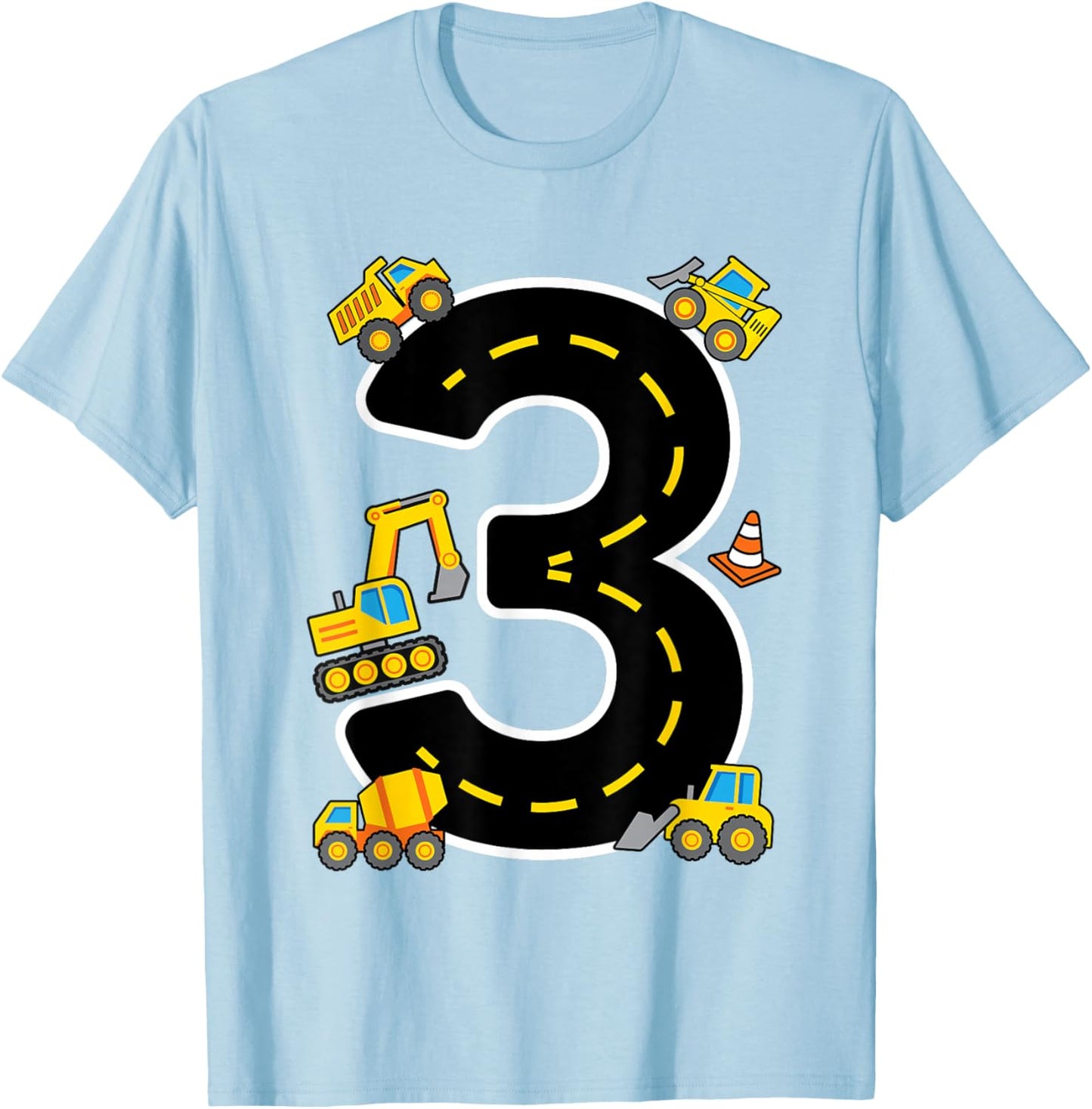 I'm 3 Construction Theme 3rd Birthday Party Boys Excavator T-Shirt - T-Shirt | Light Blue