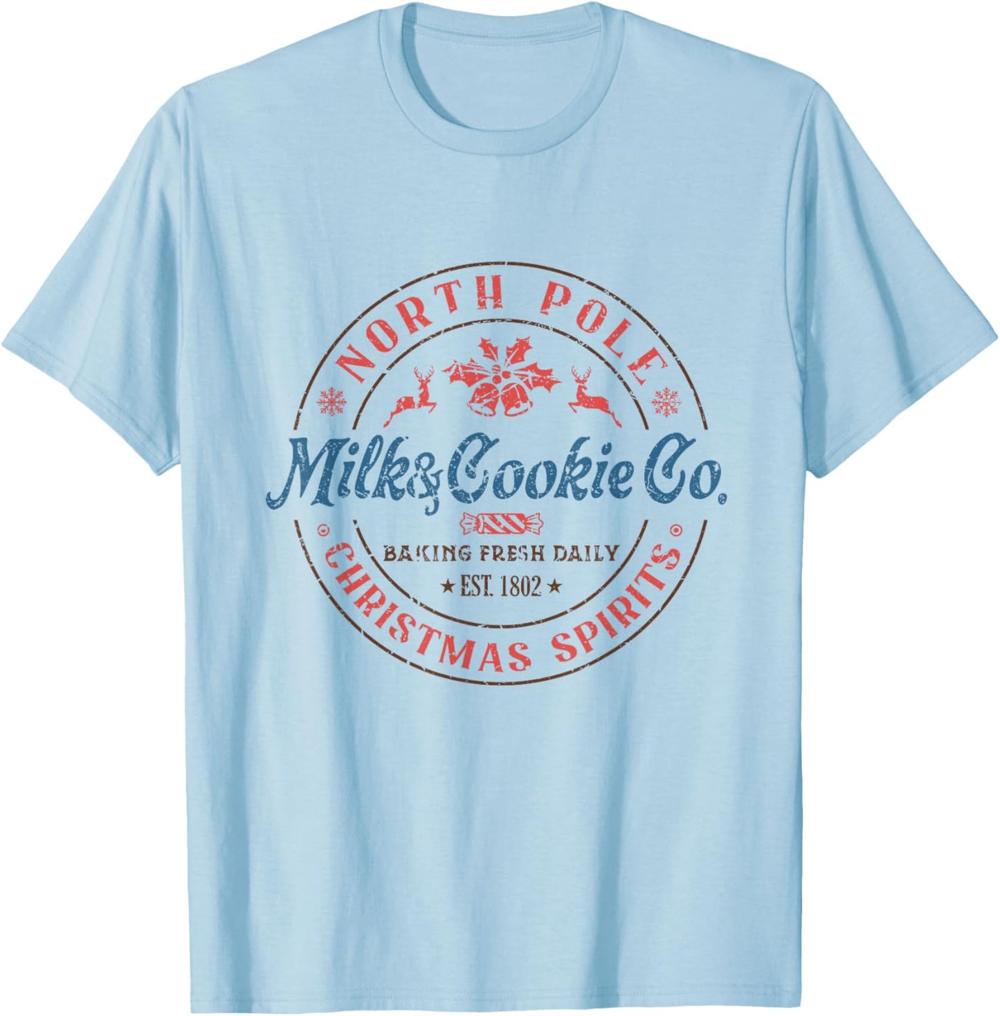 North Pole Milk and Cookie Co Funny Holiday Christmas T-Shirt - T-Shirt | Light Blue
