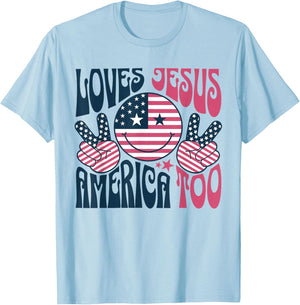Groovy Loves Jesus And America Too God Christian 4th of July T-Shirt - T-Shirt | Light Blue