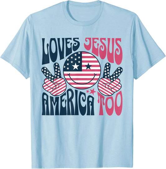Groovy Loves Jesus And America Too God Christian 4th of July T-Shirt - T-Shirt | Light Blue