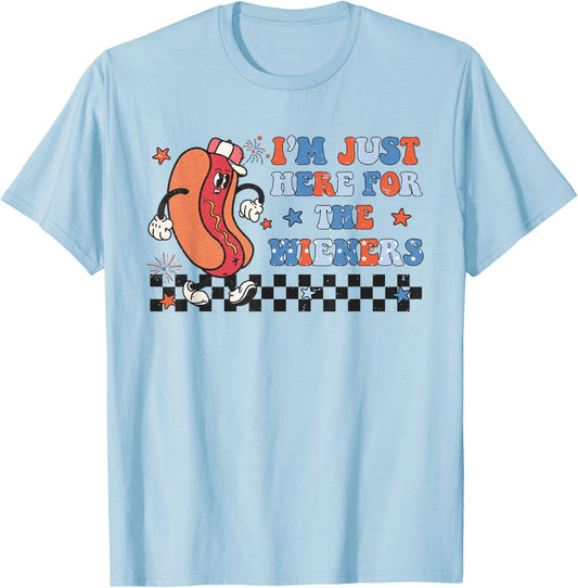 Hot Dog I'm Just Here For The Wieners Cute Retro 4th Of July T-Shirt - T-Shirt | Light Blue