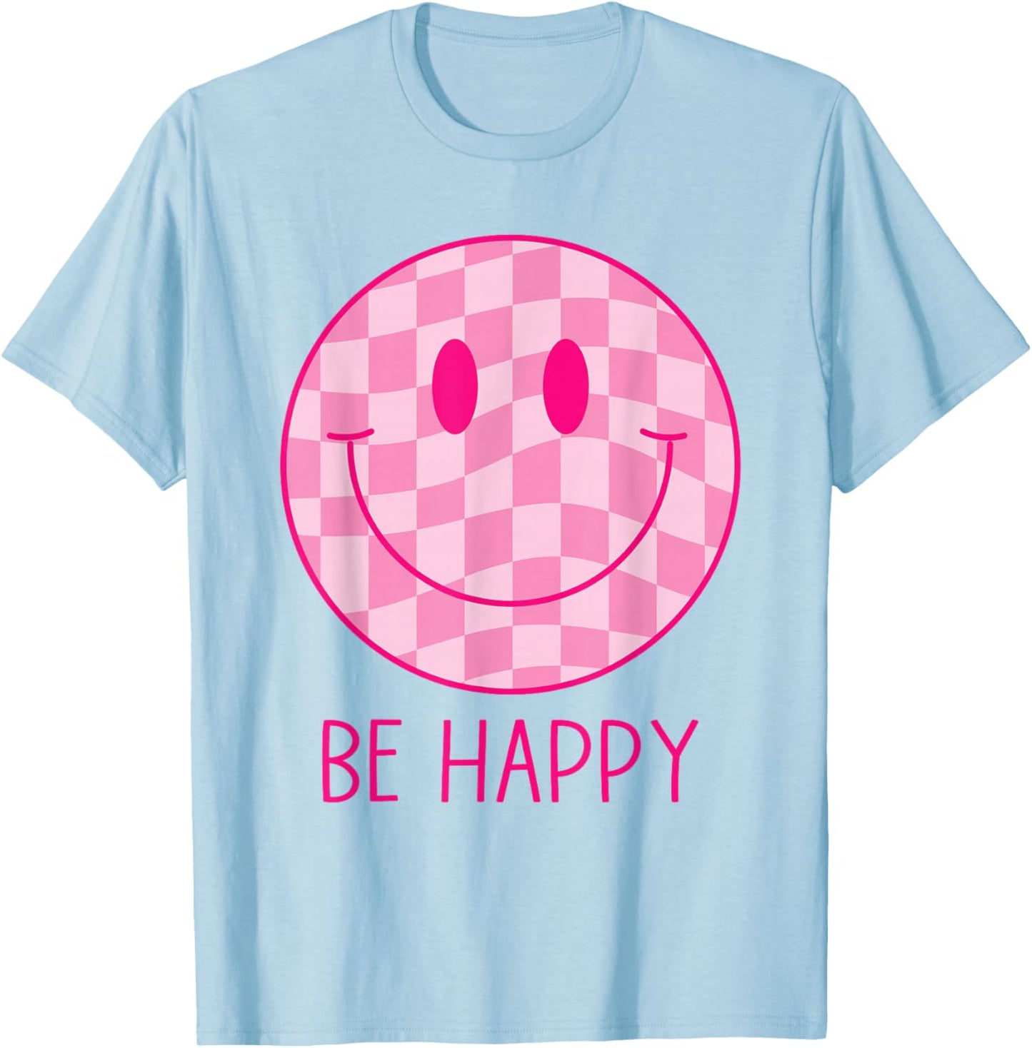 Be Happy Pink Checkered Smile Face Shirt Peace Smiling Face T-Shirt - T-Shirt | Light Blue