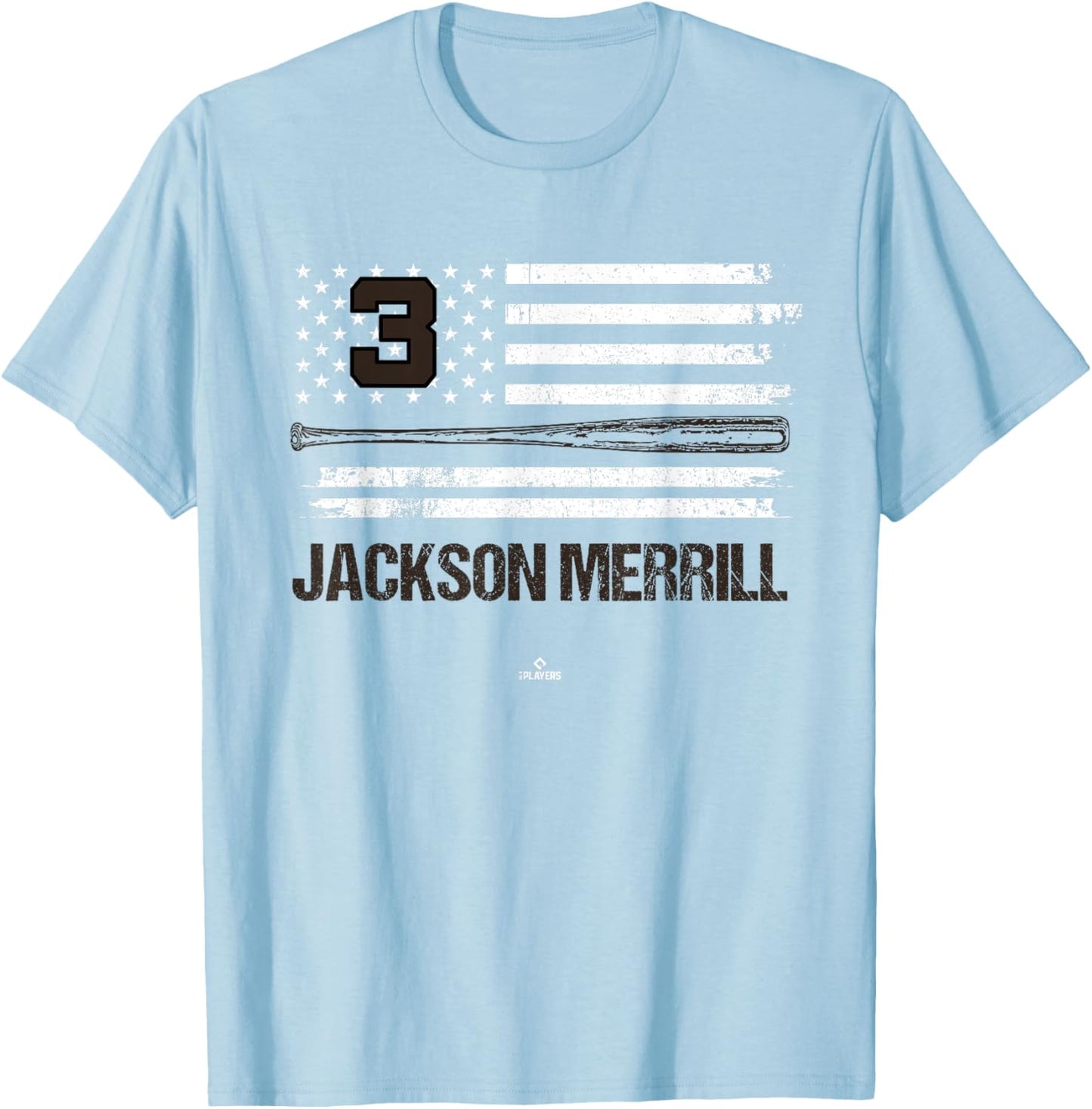 USA Flag Bat Jackson Merrill San Diego Baseball MLBPA T-Shirt - T-Shirt | Light Blue