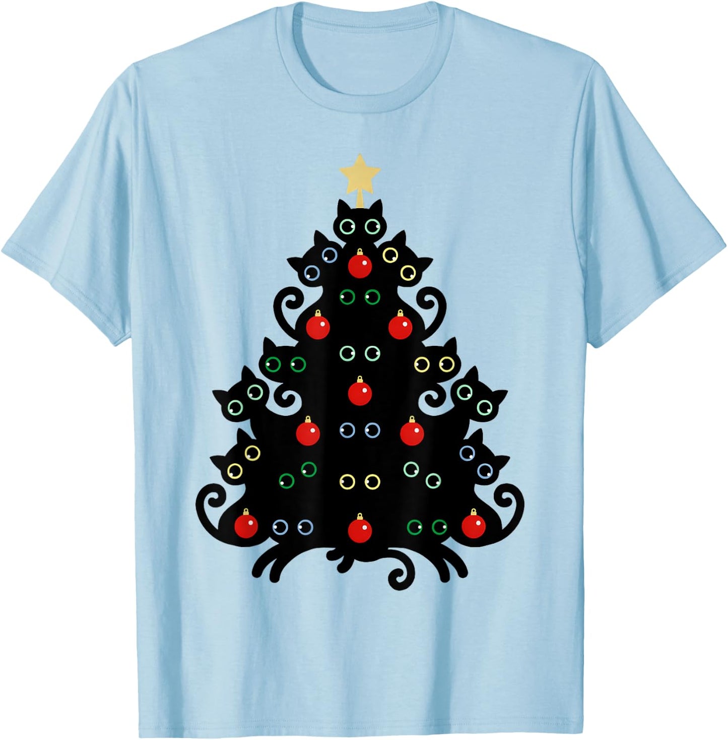 Cat Christmas Tree X-Mas Holiday Kitten Funny Black Cats Men Women Kids T-Shirt - T-Shirt | Light Blue