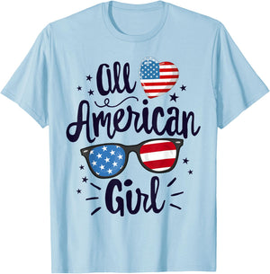 All American Girl Women American Flag 4th of July Patriotic T-Shirt - T-Shirt | Light Blue