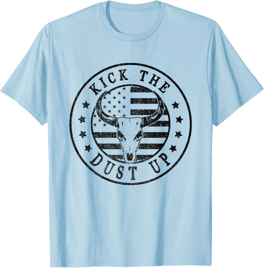 Kick The Dust Up Vintage Western Country Bull Skull USA Flag Men T-Shirt - T-Shirt | Light Blue