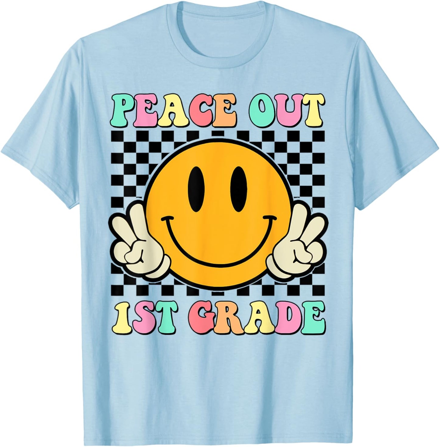 Peace Out 1st Grade Teacher Retro Smile Last Day Of School Men Women Girls Kids T-Shirt - T-Shirt | Light Blue