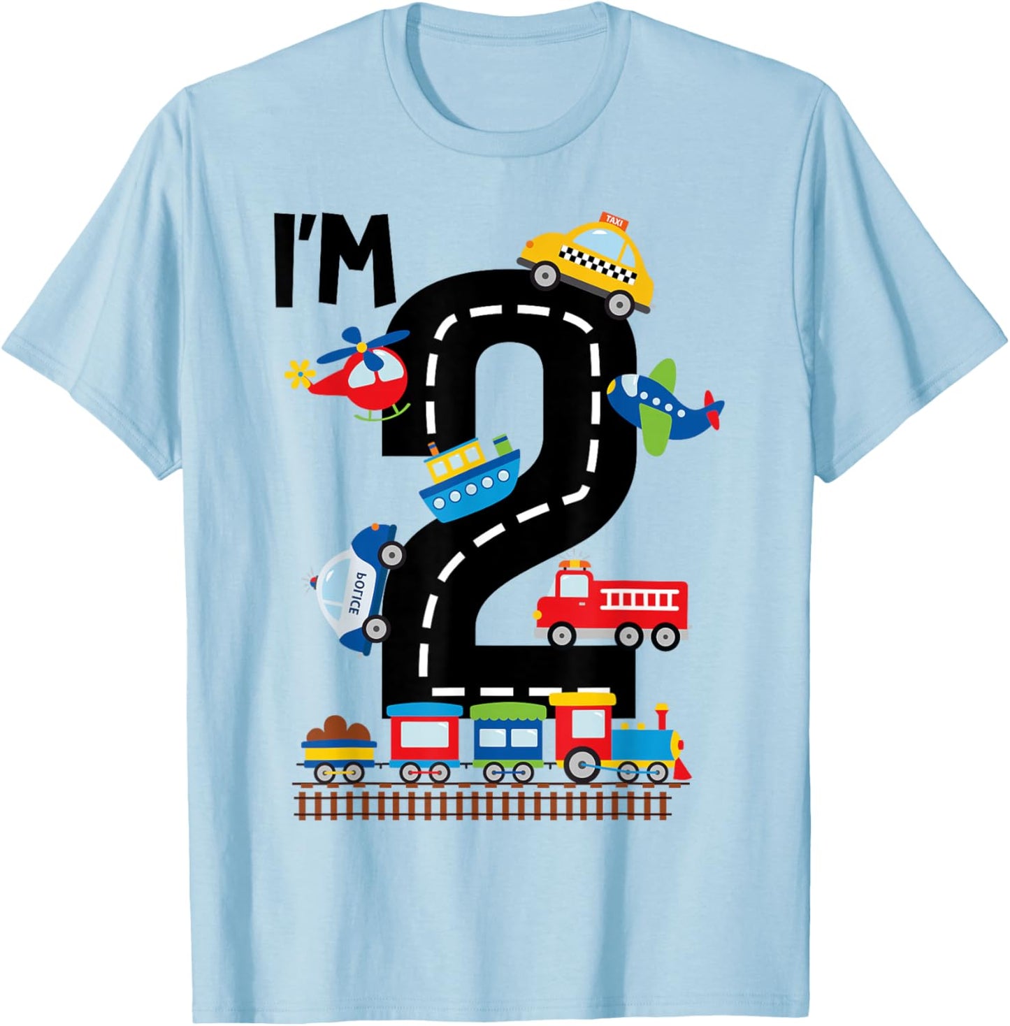 I'm 2 Years Old Birthday Boys Kids Transportation Vehicles T-Shirt - T-Shirt | Light Blue