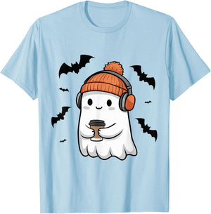 Cute Ghost Headphone Music Coffee Spooky Halloween T-Shirt - T-Shirt | Light Blue