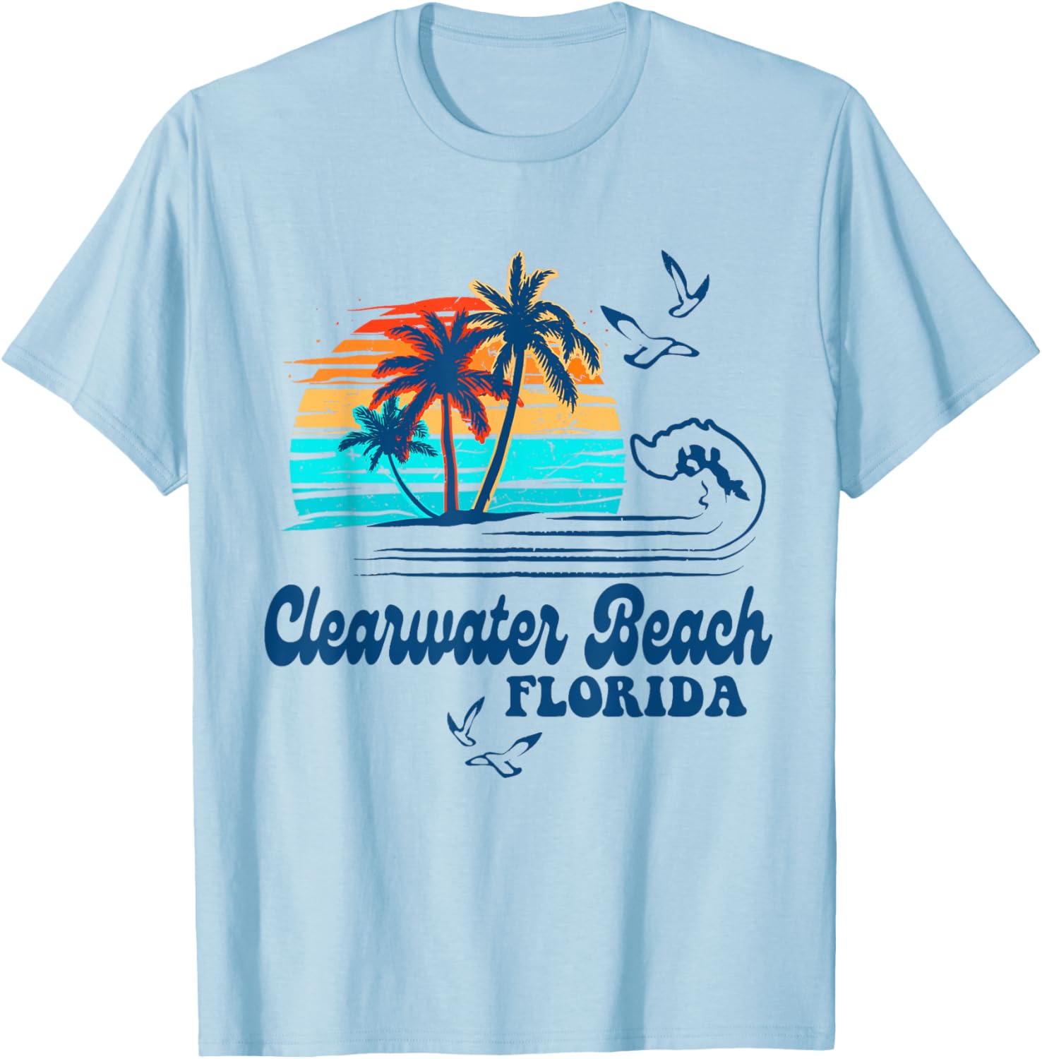 Clearwater Beach Florida 2025 Sunset Vintage 70's Retro T-Shirt - T-Shirt | Light Blue