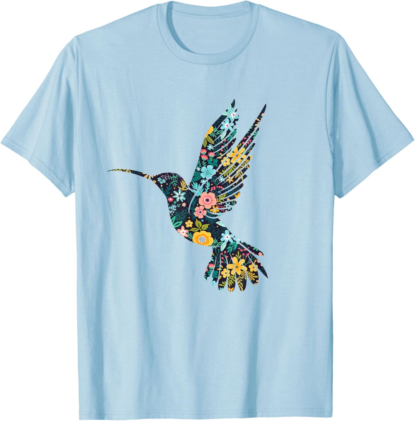 Floral Hummingbird Silhouette Girls Graphic T-Shirt - T-Shirt | Light Blue