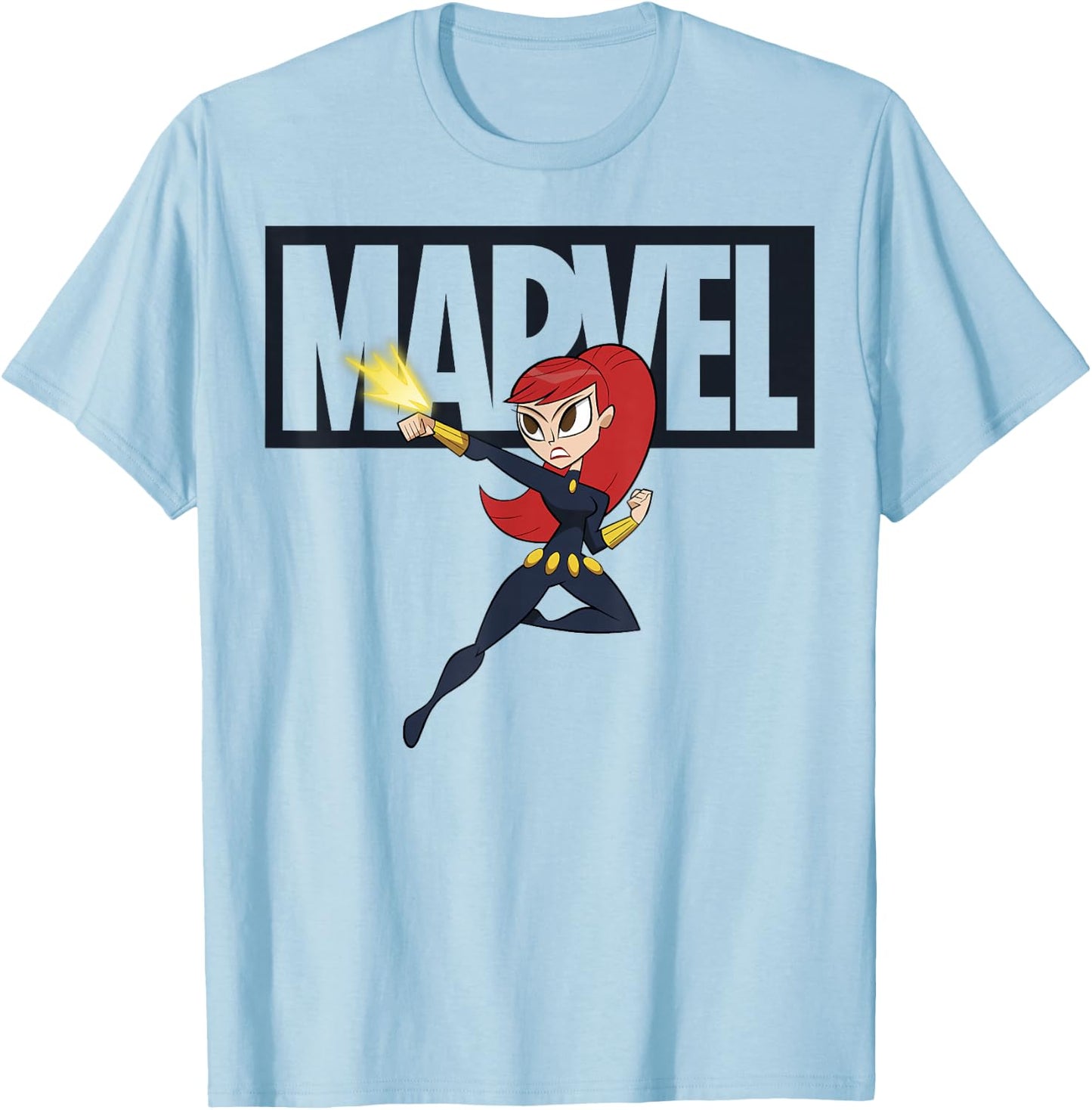 Marvel Black Widow Chibi Action Pose Logo Outline T-Shirt - T-Shirt | Light Blue