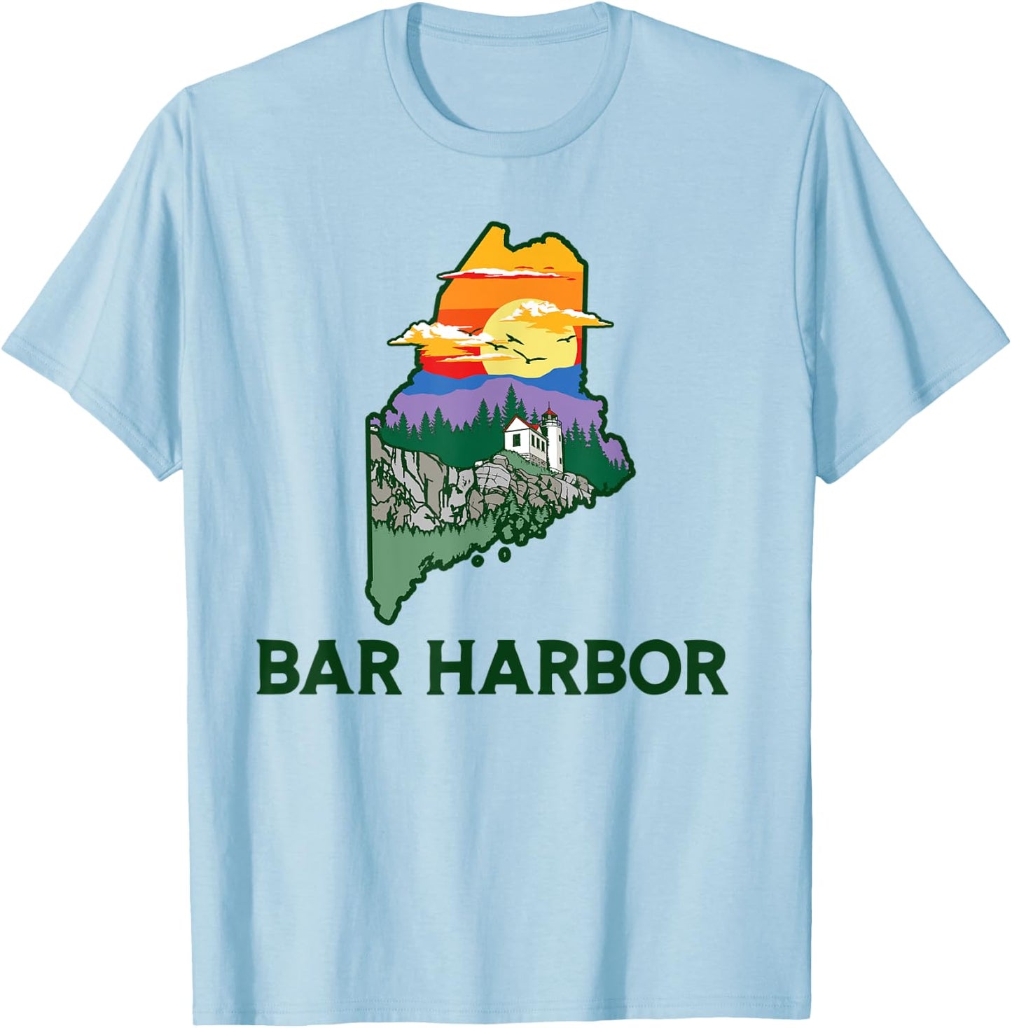 Retro Bar Harbor Maine Nature & Outside Illustrated Graphic T-Shirt - T-Shirt | Light Blue