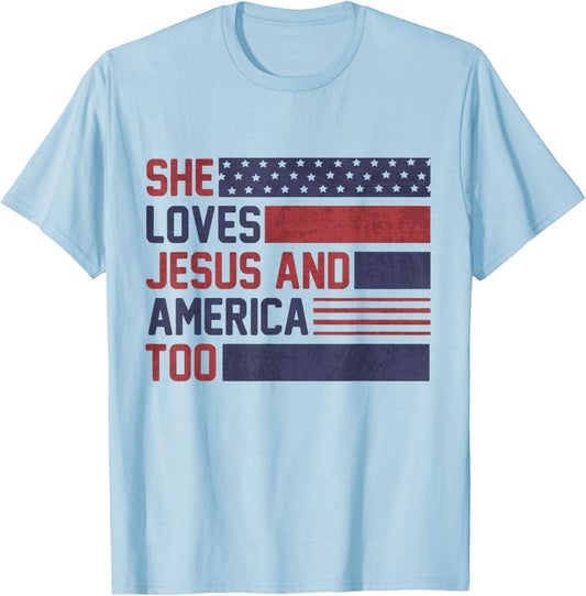 She Loves Jesus and America Too God Christian 4th of July T-Shirt - T-Shirt | Light Blue
