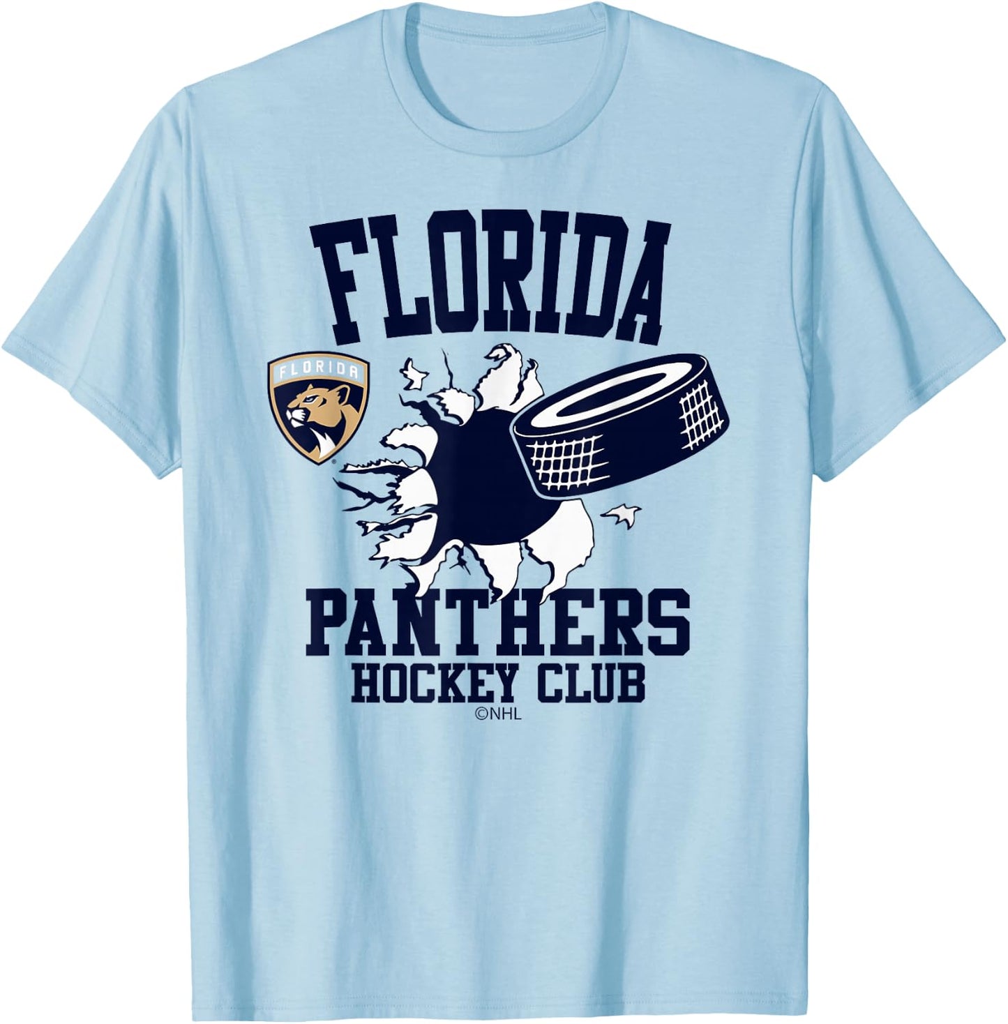 Florida Panthers Hockey Puck Burst Red Officially Licensed T-Shirt - T-Shirt | Light Blue