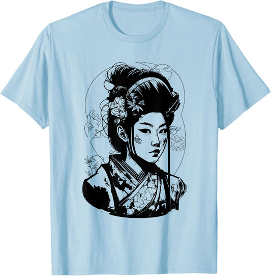Comic Drawing of a Japanese Manga Geisha T-Shirt - T-Shirt | Light Blue