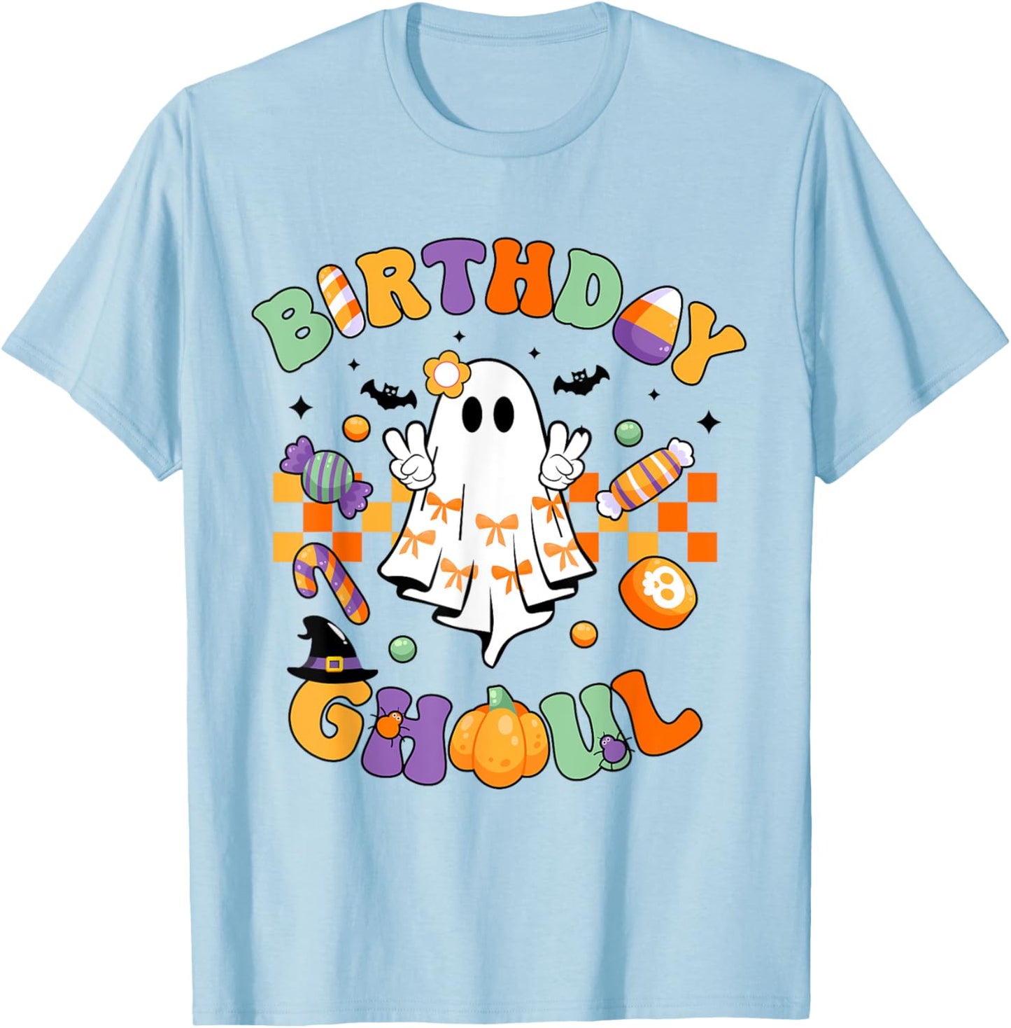 Birthday Ghoul Retro Groovy Boo Ghost Halloween Birthday T-Shirt - T-Shirt | Light Blue