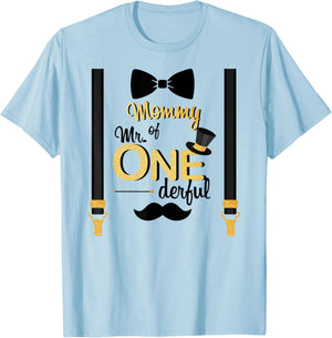 Mommy Of Mr One-derful Party Gold-Black Mom Boy 1st Birthday T-Shirt - T-Shirt | Light Blue