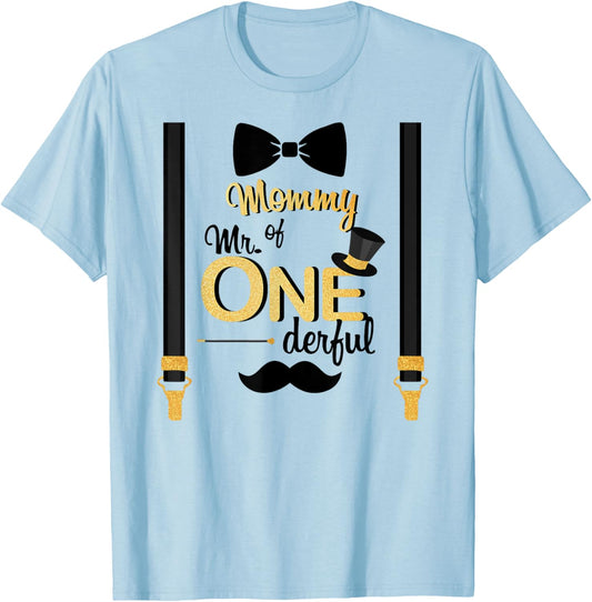 Mommy Of Mr One-derful Party Gold-Black Mom Boy 1st Birthday T-Shirt - T-Shirt | Light Blue