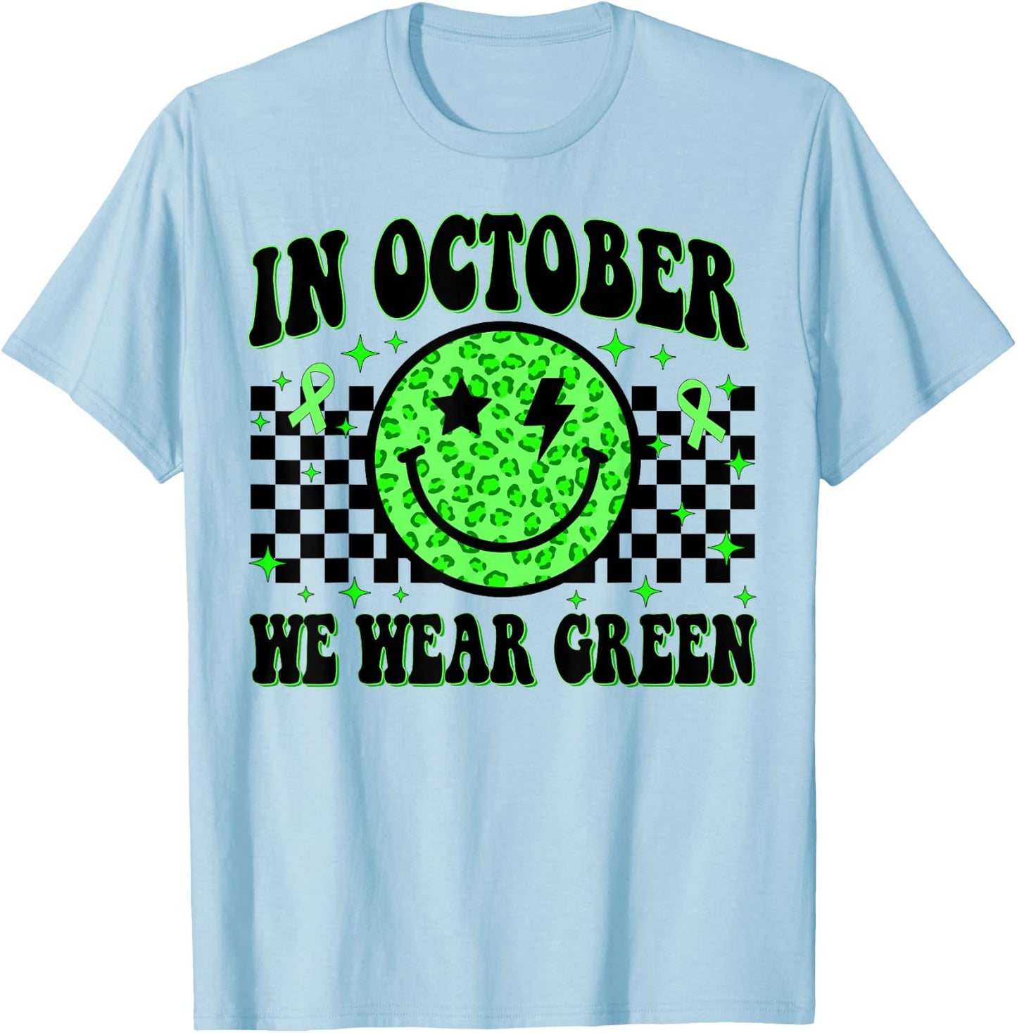In October We Wear Green Ribon Smile Face Dwarfism Awareness T-Shirt - T-Shirt | Light Blue