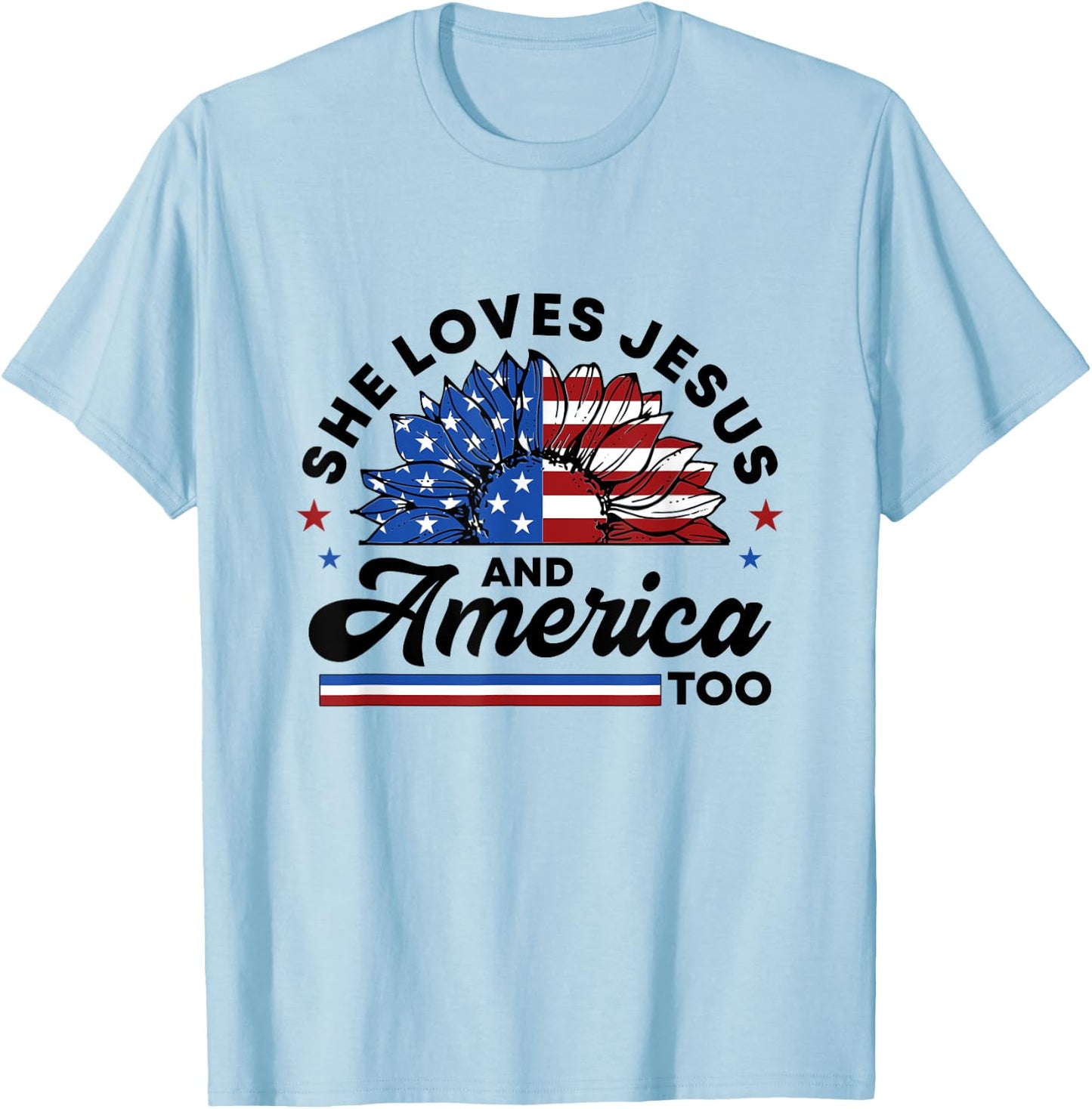 She Loves Jesus And America Too Christian Women US Sunflower T-Shirt - T-Shirt | Light Blue