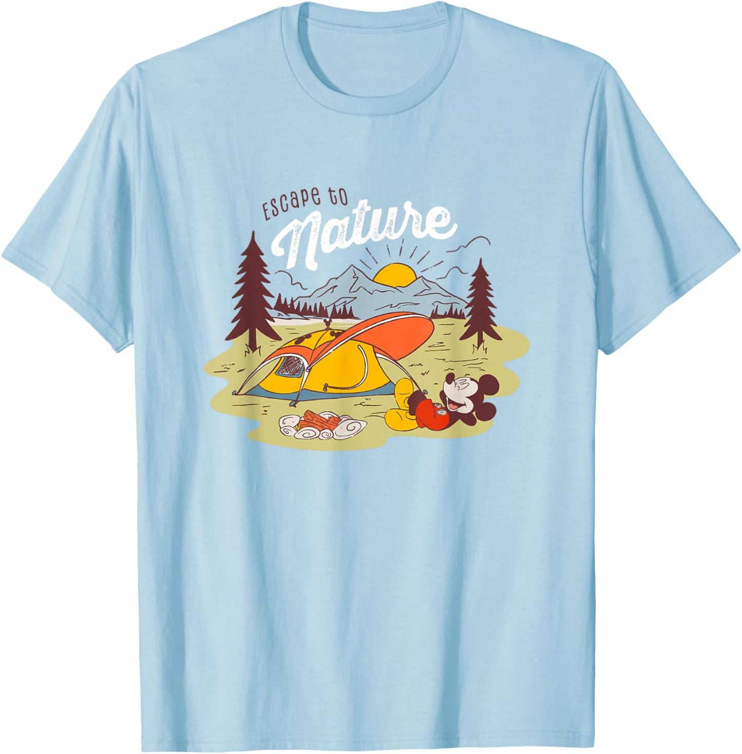 Disney Mickey And Friends Escape To Nature Retro Camping T-Shirt - T-Shirt | Light Blue