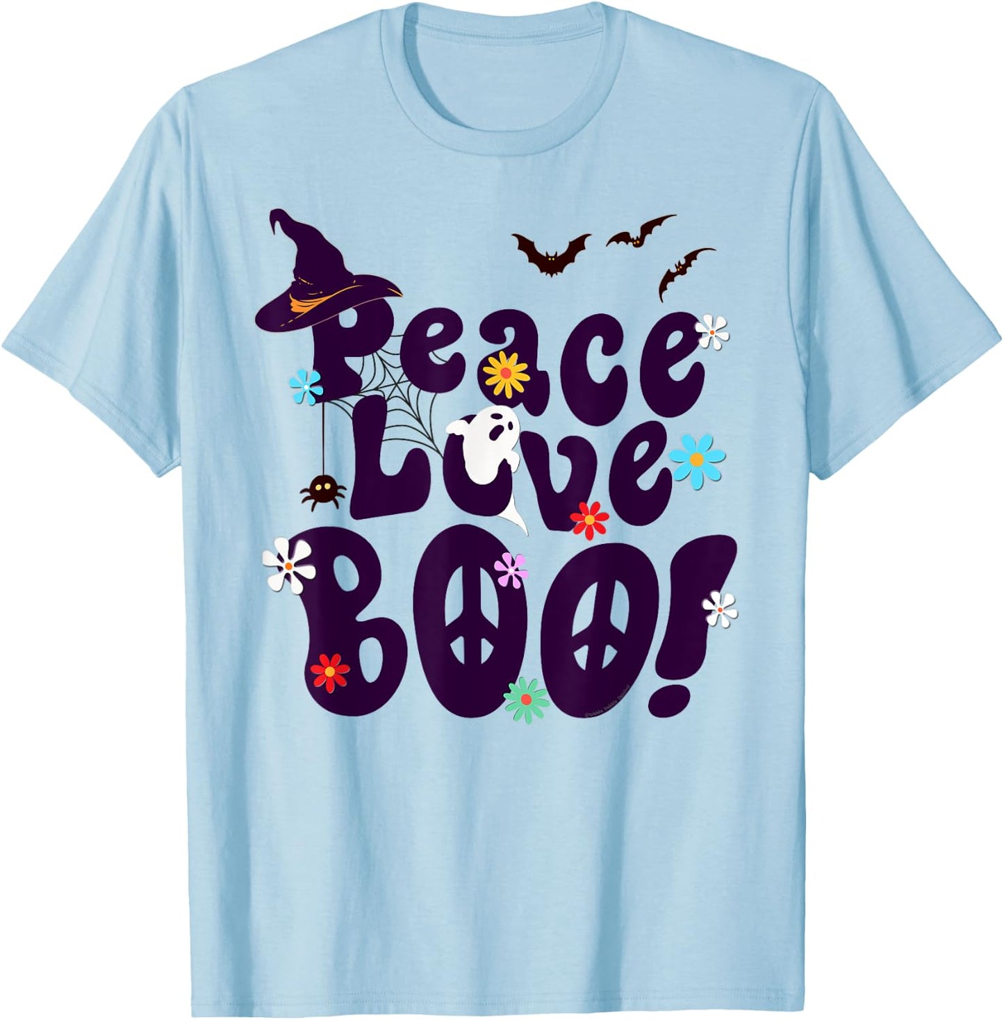 Groovy Halloween Peace Love BOO Retro Hippie Halloween T-Shirt - T-Shirt | Light Blue
